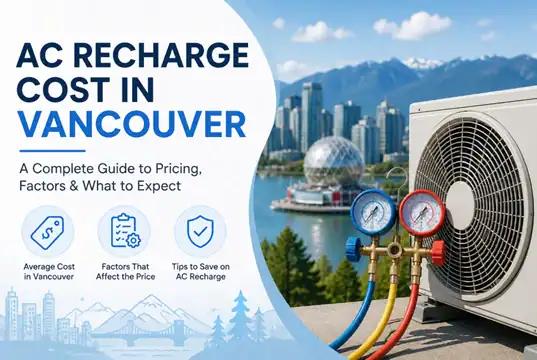 Infographic titled "AC Recharge Cost in Vancouver" with an image of HVAC gauges and Vancouver cityscape in the background. Key topics listed: average cost, factors, tips.