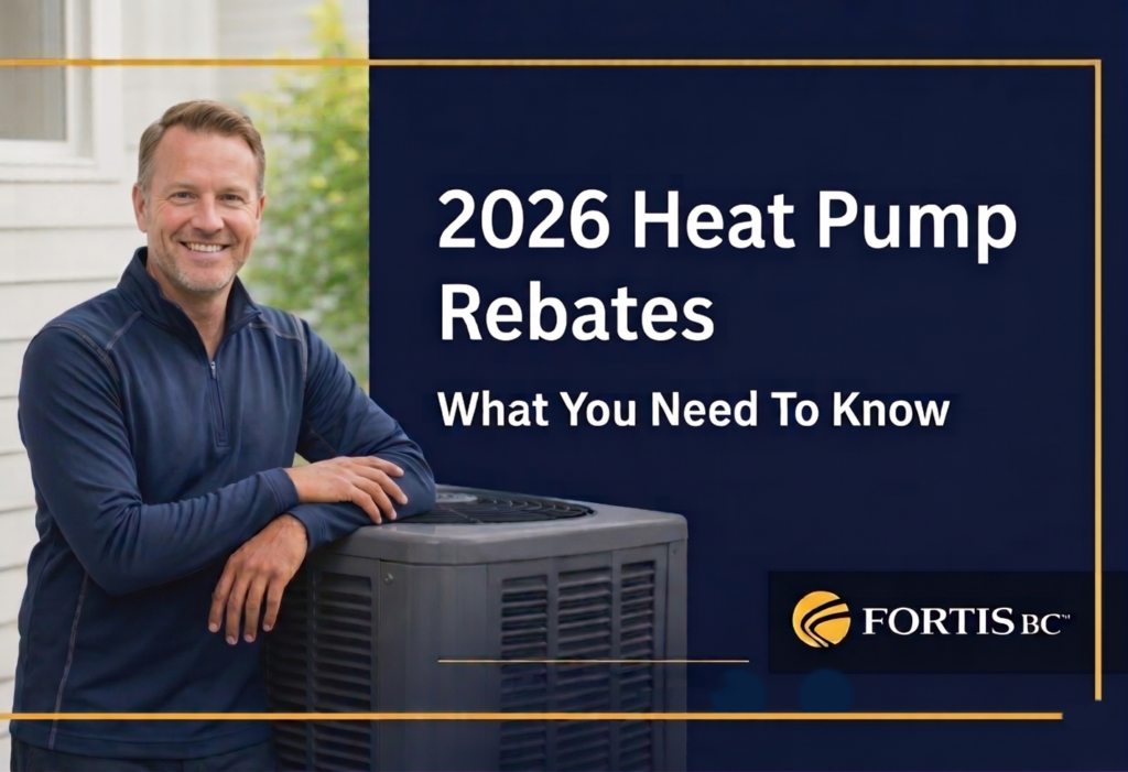 A man stands next to a heat pump unit, smiling, with text reading "2026 Heat Pump Rebates & Incentives: What You Need To Know" and the FortisBC logo.