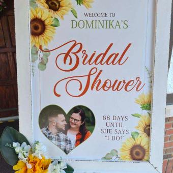 Bridal Shower sign with sunflower decorations at Cascades Manor.