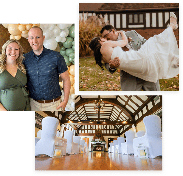 image group of happy couples and event space