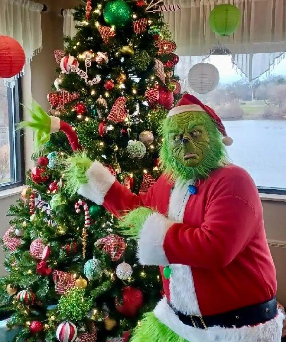 Christmas tree decorated with ornaments and ribbons at Cascades Manor.