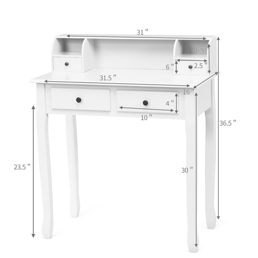 Compact Writing Desk with Removable Hutch and 4 Storage Drawers