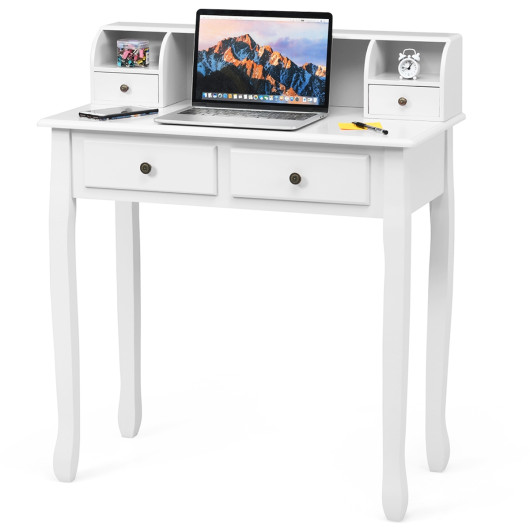 Compact Writing Desk with Removable Hutch and 4 Storage Drawers