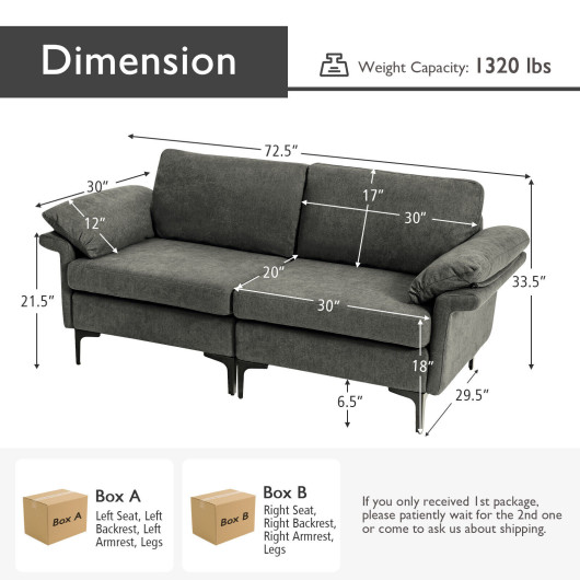 Modern Fabric Loveseat Sofa with Metal Legs and Pillows