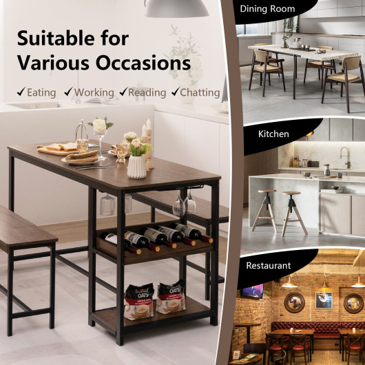 Space-Saving Dining Table Set with Wine Rack and Benches (3-Piece) - Image 2