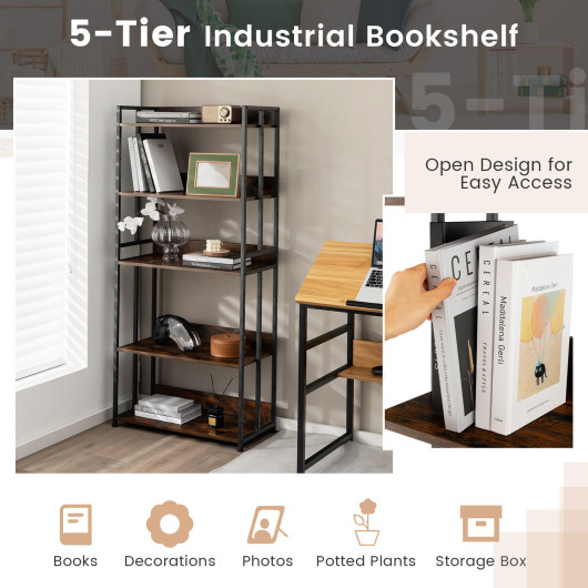 Industrial 5-Tier Adjustable Bookshelf and Display Rack