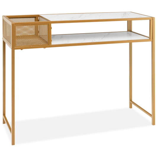 White Faux Marble Console Table with Wire Basket and Shelf
