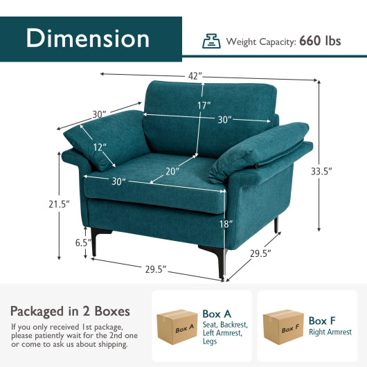 Modern Fabric Accent Chair with Cushions and Metal Legs