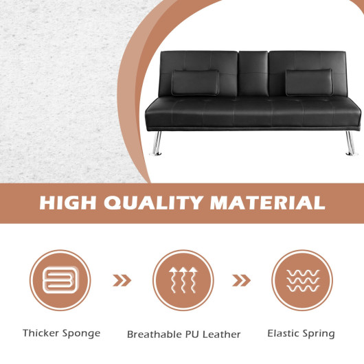 Convertible Leather Futon Sofa Bed with Cup Holders and Armrests