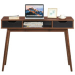 Modern Computer Desk with Drawers, Shelf, and Solid Wood Legs