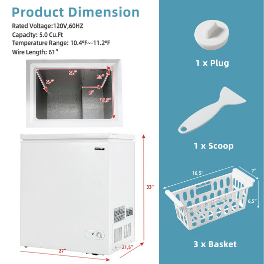 Compact 5 Cu.ft Chest Freezer with 3 Storage Baskets White - Image 5