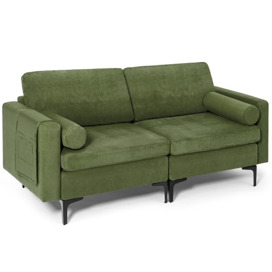 Modular Army Green Loveseat Sofa with Bolsters and Storage