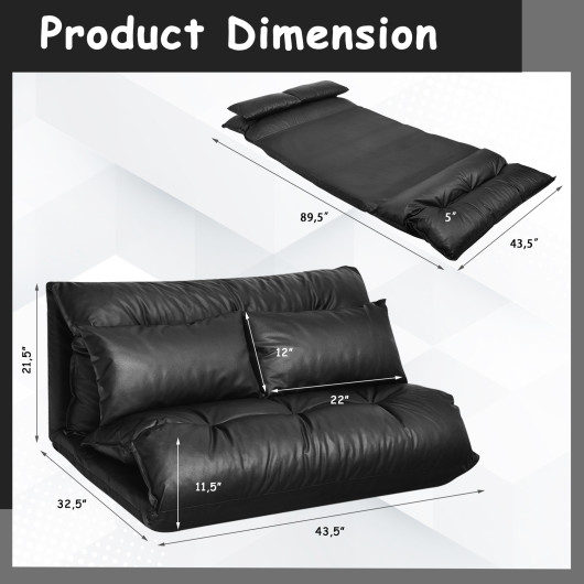 Adjustable PU Leather Folding Sofa Bed with Pillows Black