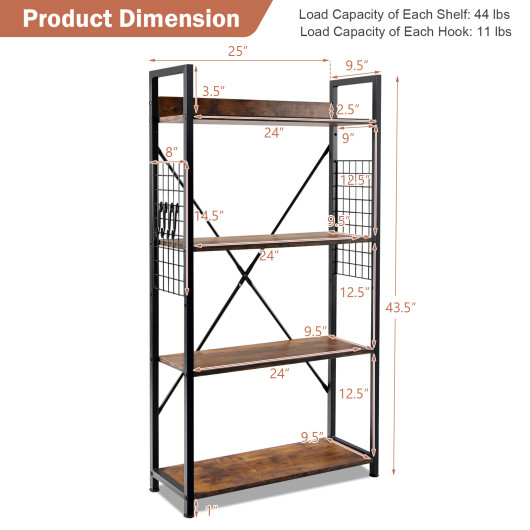 Industrial 4-Tier Bookshelf with Adjustable Shelf and Hooks