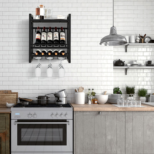 Wall Mounted Wine Rack with Glass Holder for 10 Bottles