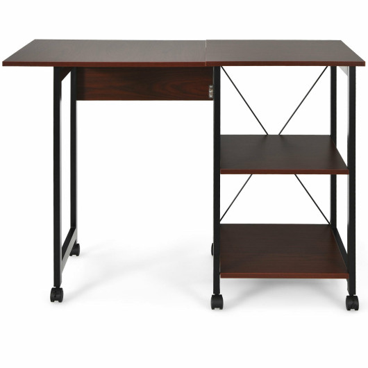 Folding Computer Desk with Storage Shelves and Lockable Wheels