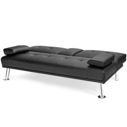Convertible Leather Futon Sofa Bed with Cup Holders and Armrests