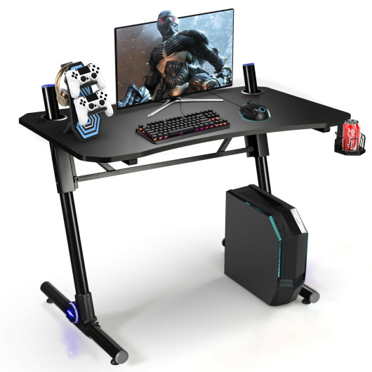Height Adjustable Gaming Desk with LED Lights and Cup Holder
