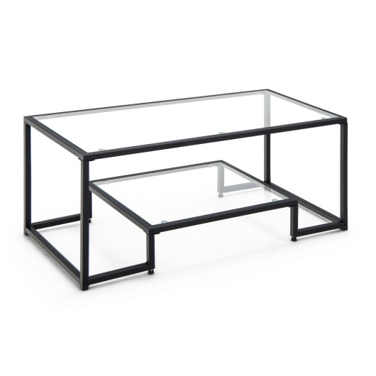 Modern 2-Tier Glass Coffee Table with Steel Frame