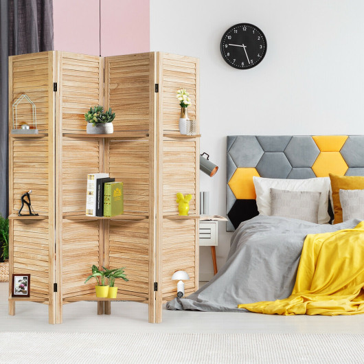 4 Panel Folding Room Divider with 3 Display Shelves