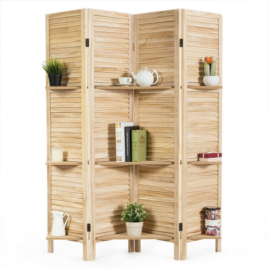 4 Panel Folding Room Divider with 3 Display Shelves