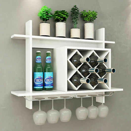 Wall Mounted Wine Rack with Glass Holder and Storage Shelf