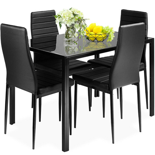 Modern Black Glass Dining Table and PVC Chairs (Set of 5)