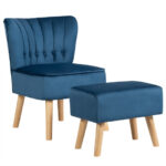 Velvet Upholstered Accent Chair and Ottoman with Wooden Legs (Set of 2)