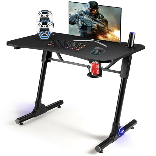 Height Adjustable Gaming Desk with LED Lights and Cup Holder