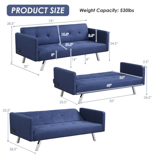 Convertible Linen Fabric Sofa Bed with USB and Power Strip