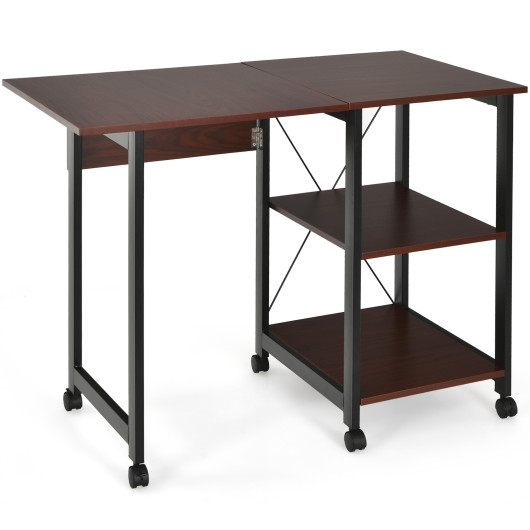 Folding Computer Desk with Storage Shelves and Lockable Wheels