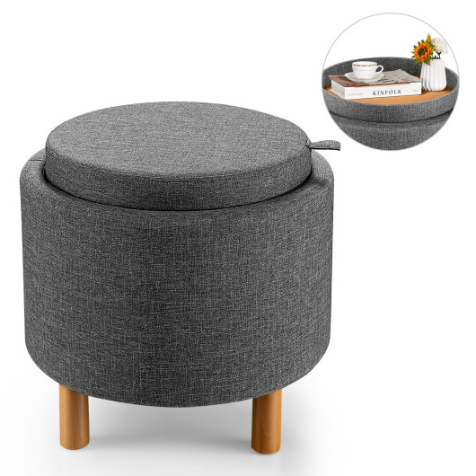 Round Fabric Storage Ottoman with Tray and Non-Slip Pads