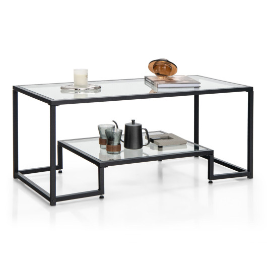 Modern 2-Tier Glass Coffee Table with Steel Frame