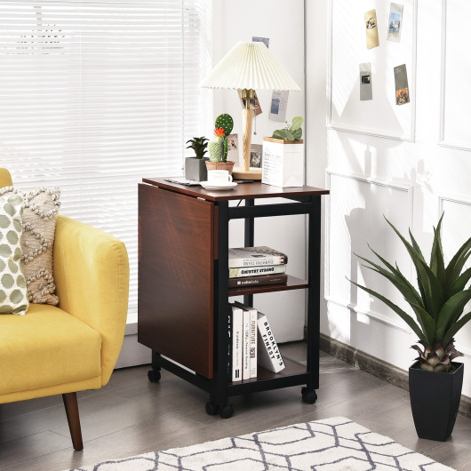 Folding Computer Desk with Storage Shelves and Lockable Wheels