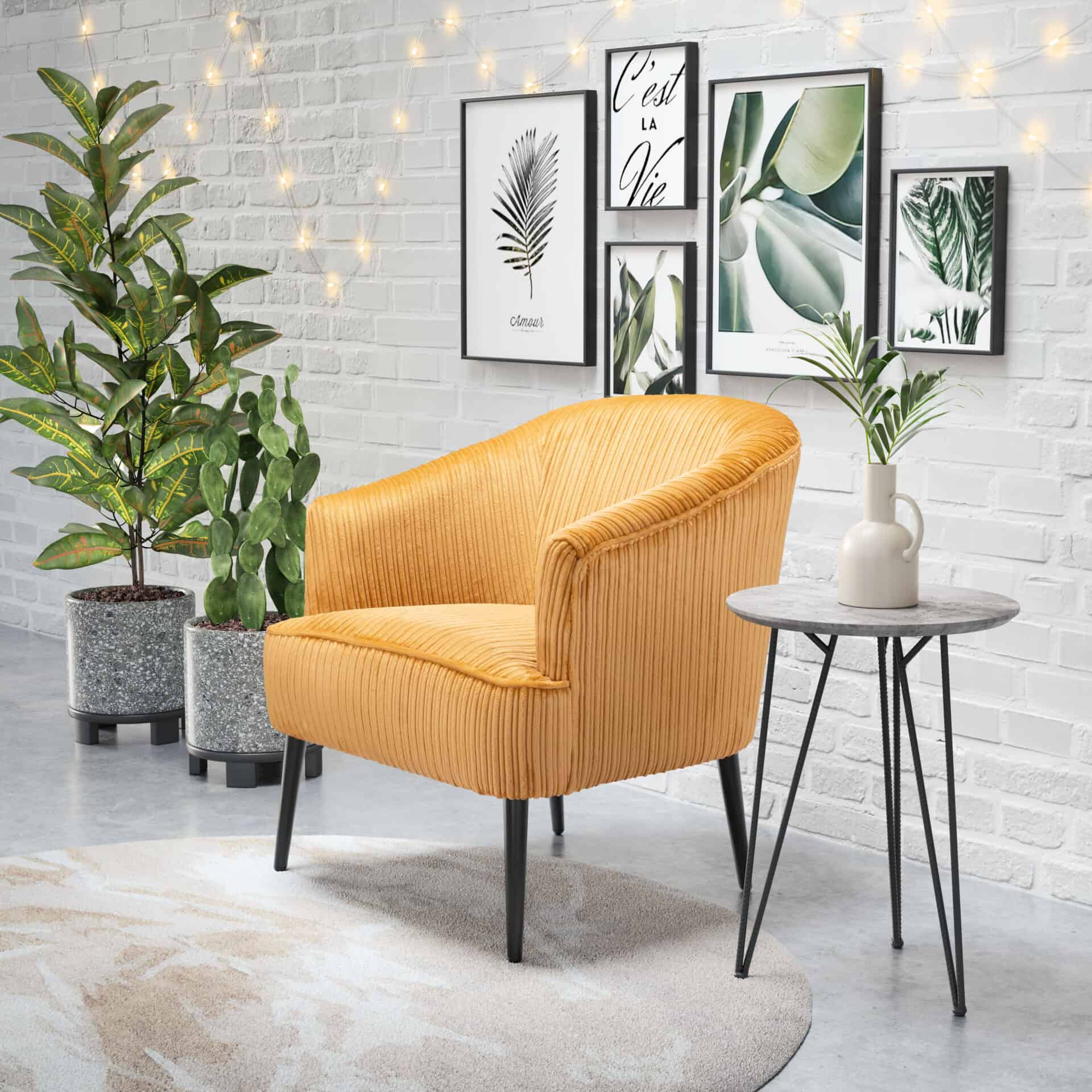 Boho Chic Yellow Accent Chair with Velveteen Corduroy and Wood Legs