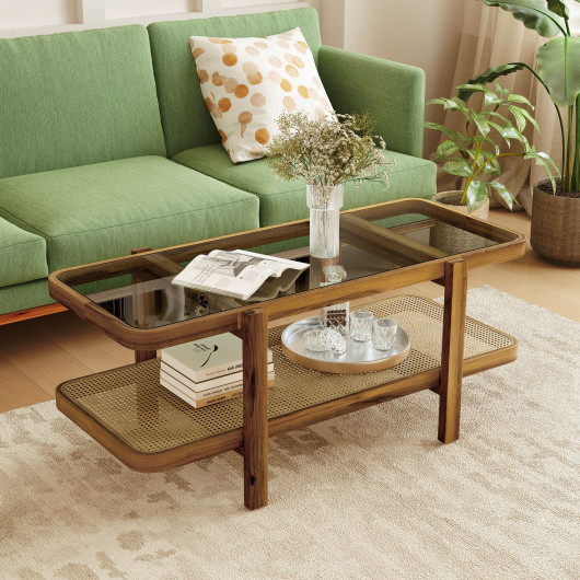 Rustic 2-Tier Coffee Table with Storage and Glass Top - Image 2