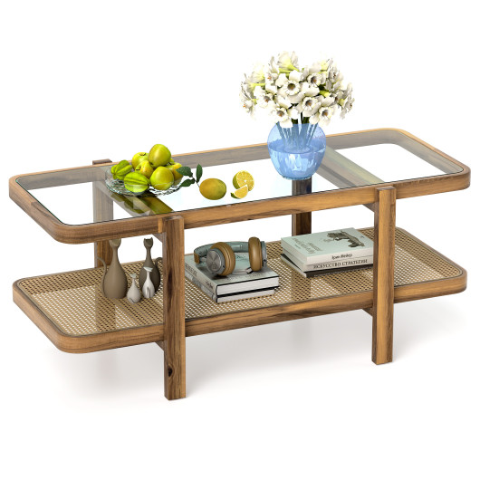 Rustic 2-Tier Coffee Table with Storage and Glass Top - Image 4