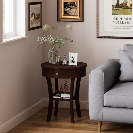Round Wooden End Table with Drawer and Storage Shelf