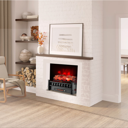20 Inch Electric Fireplace Heater with Birchwood Ember Bed Black