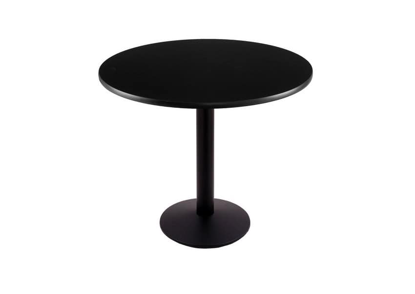 30-inch tall black table with reversible 30-inch black/dark cherry round top and round footed 16-inch base