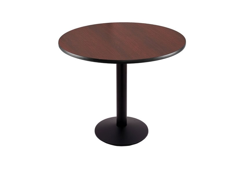30-inch tall black table with reversible 30-inch black/dark cherry round top and round footed 16-inch base