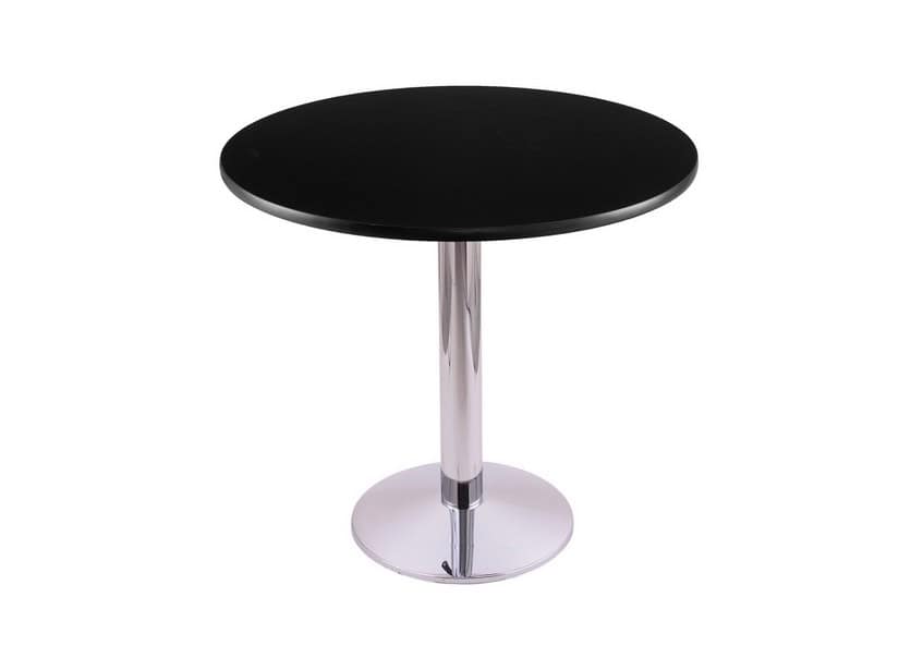 30-inch tall chrome table with reversible 30-inch black/dark cherry round top and round footed 16-inch base