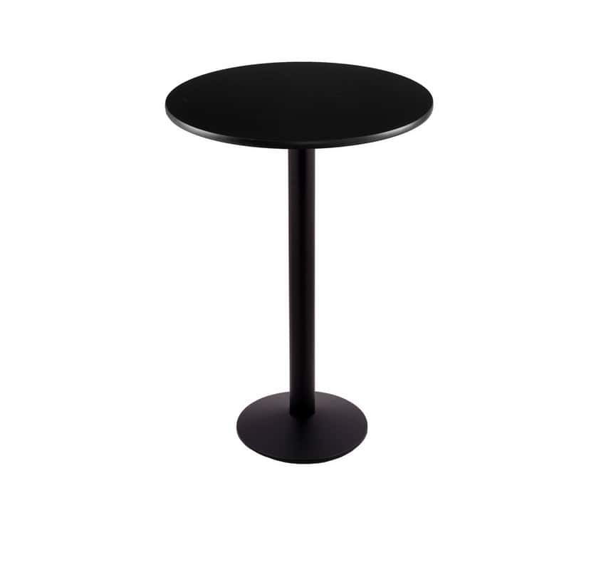 36-inch tall black table with reversible 24-inch black/dark cherry round top and round footed 16-inch base