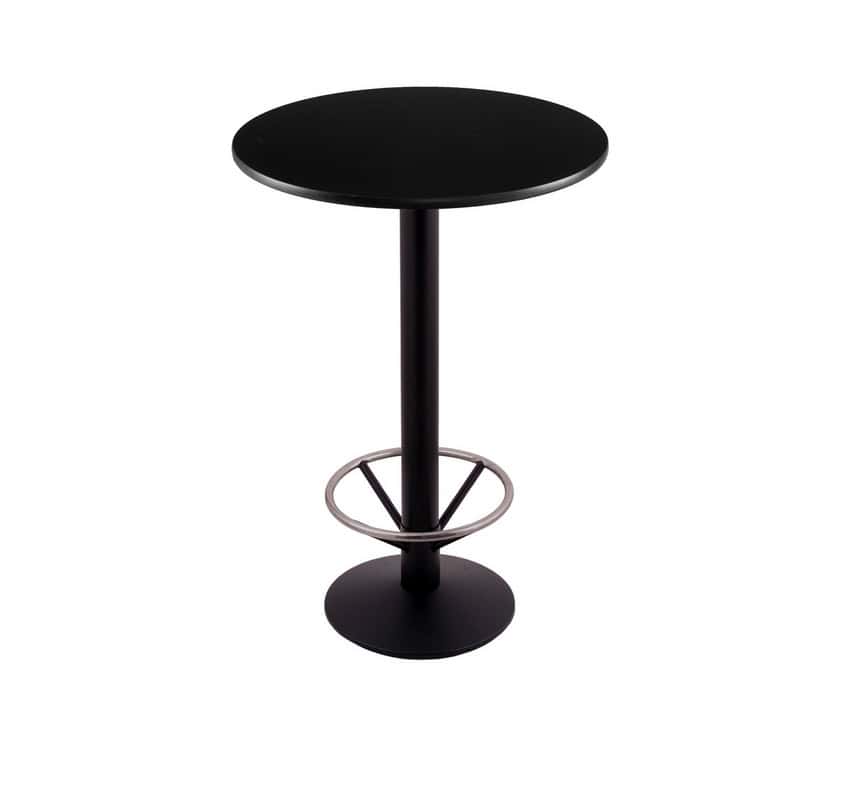 36-inch tall black table with reversible 24-inch black/dark cherry round top and round footed 16-inch base with foot ring