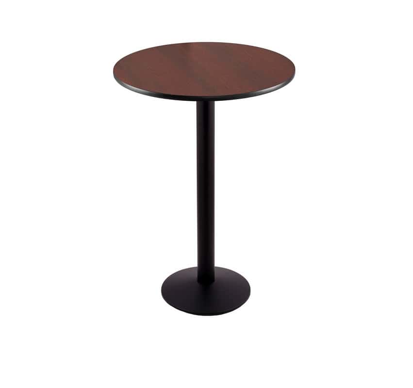 36-inch tall black table with reversible 24-inch black/dark cherry round top and round footed 16-inch base