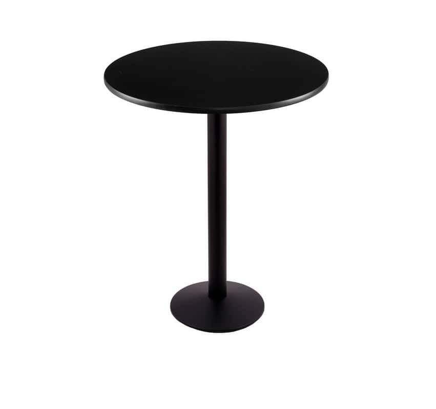 42-inch tall black table with reversible 30-inch black/dark cherry round top and round footed 16-inch base