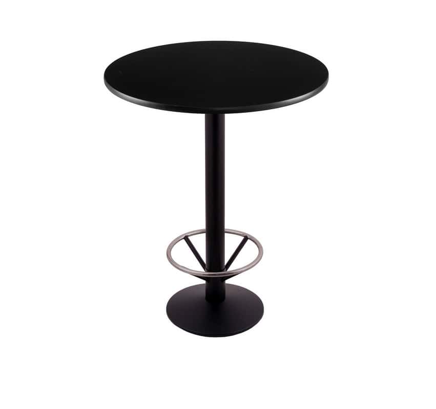 42-inch tall black table with reversible 30-inch black/dark cherry round top and round footed 16-inch base with foot ring