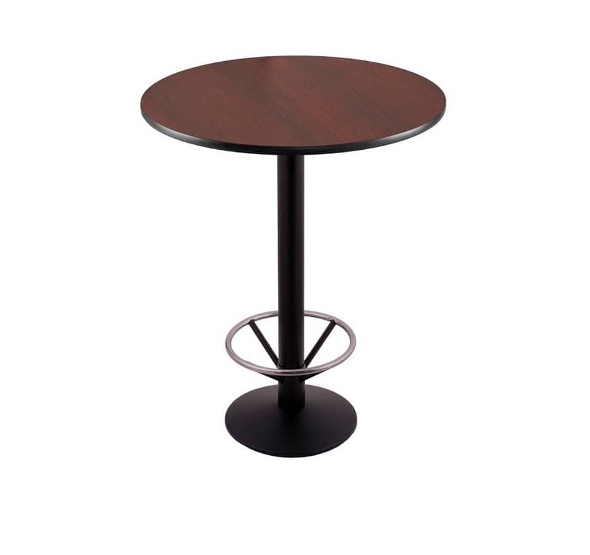 42-inch tall black table with reversible 30-inch black/dark cherry round top and round footed 16-inch base with foot ring