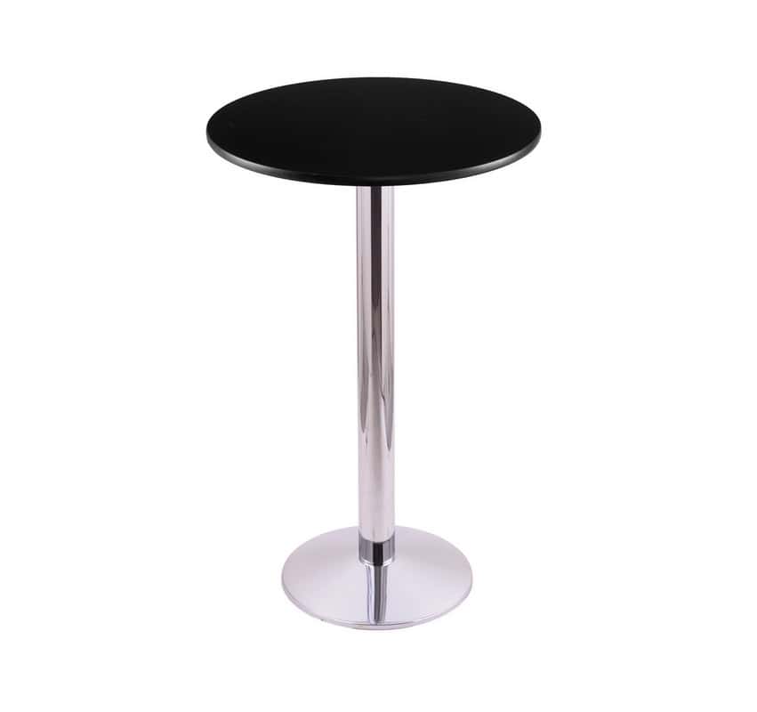 42-inch tall chrome table with reversible 24-inch black/dark cherry round top and round footed 16-inch base