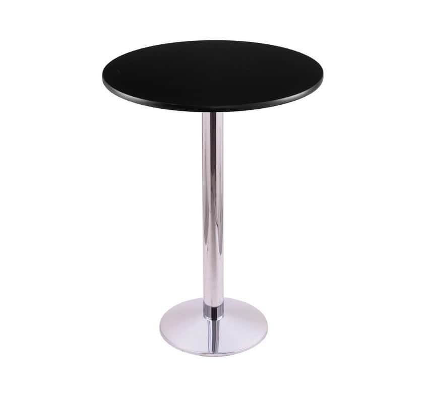 42-inch tall chrome table with reversible 30-inch black/dark cherry round top and round footed 16-inch base